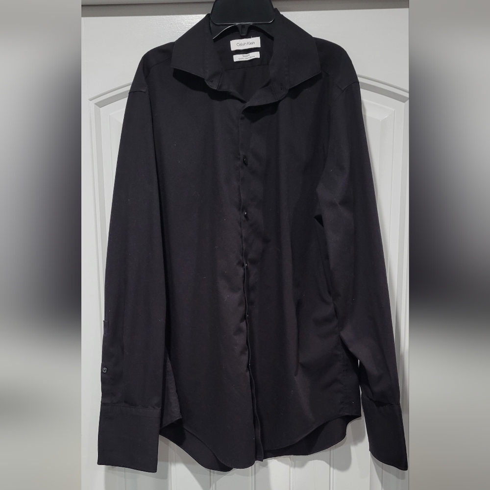 Calvin Klein Black Long Sleeve Slim Fit Herringbone Shirt Size 16 32/33